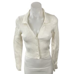 Emory Park Women's Cream Ivory Ribbed Knit Cropped Button Up Cardigan Top Size M